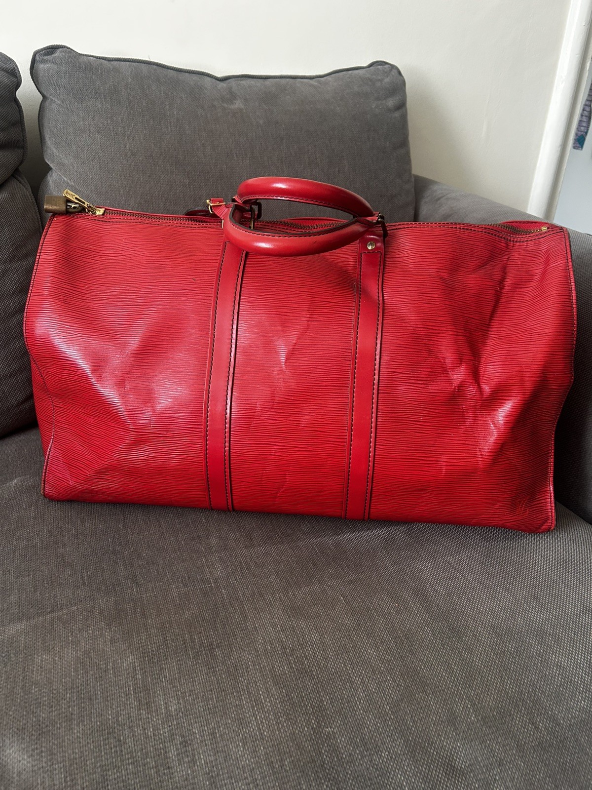Authentic Vintage Louis Vuitton Red Epi Leather Keepall 55 Weekender Bag