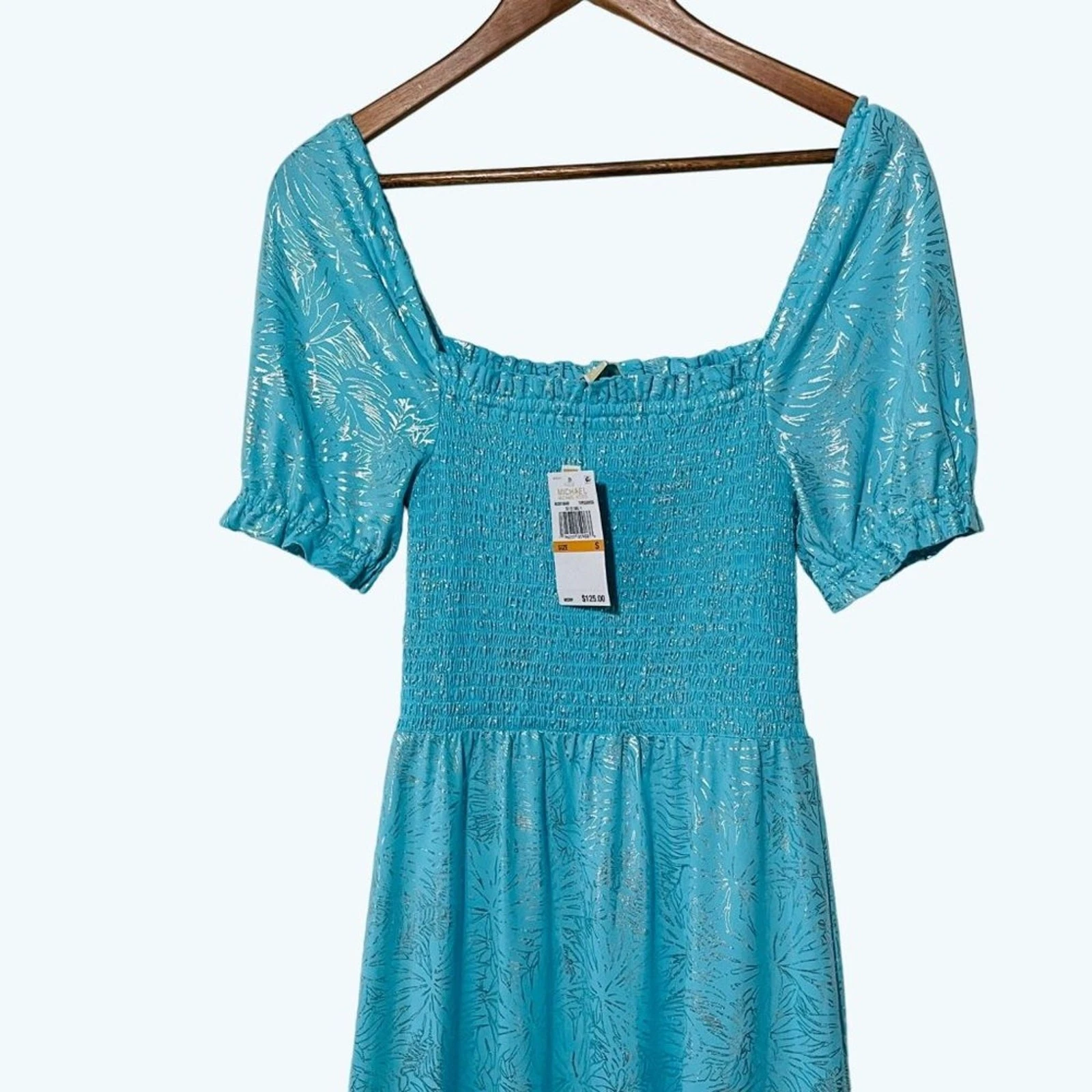 Abito Michael Kors Smocked Contadino Stampa Foil Turchese Nuovo con etichette Small