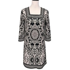 Ann Taylor LOFT Petites Dress Women SP Black White Damask Shift 3/4 Slv Mod
