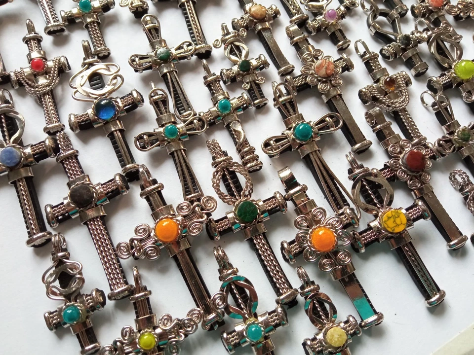 ✨Al Por Mayor 50 Cruz Peruana Colgante Murano y Piedra Cabujón Alpaca Plata Arte✨ Foto 4 de 4