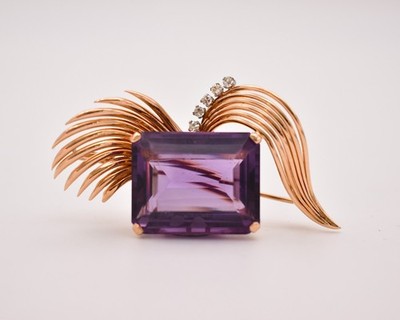 Vintage 18k Gold Amethyst Diamant Spray Brosche 29ct Stufenschliff Stein Mitte 20thC