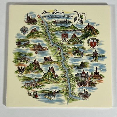 Vintage Rhine River Germany Map Ceramic Art Tile from Rudesheim to Koln
