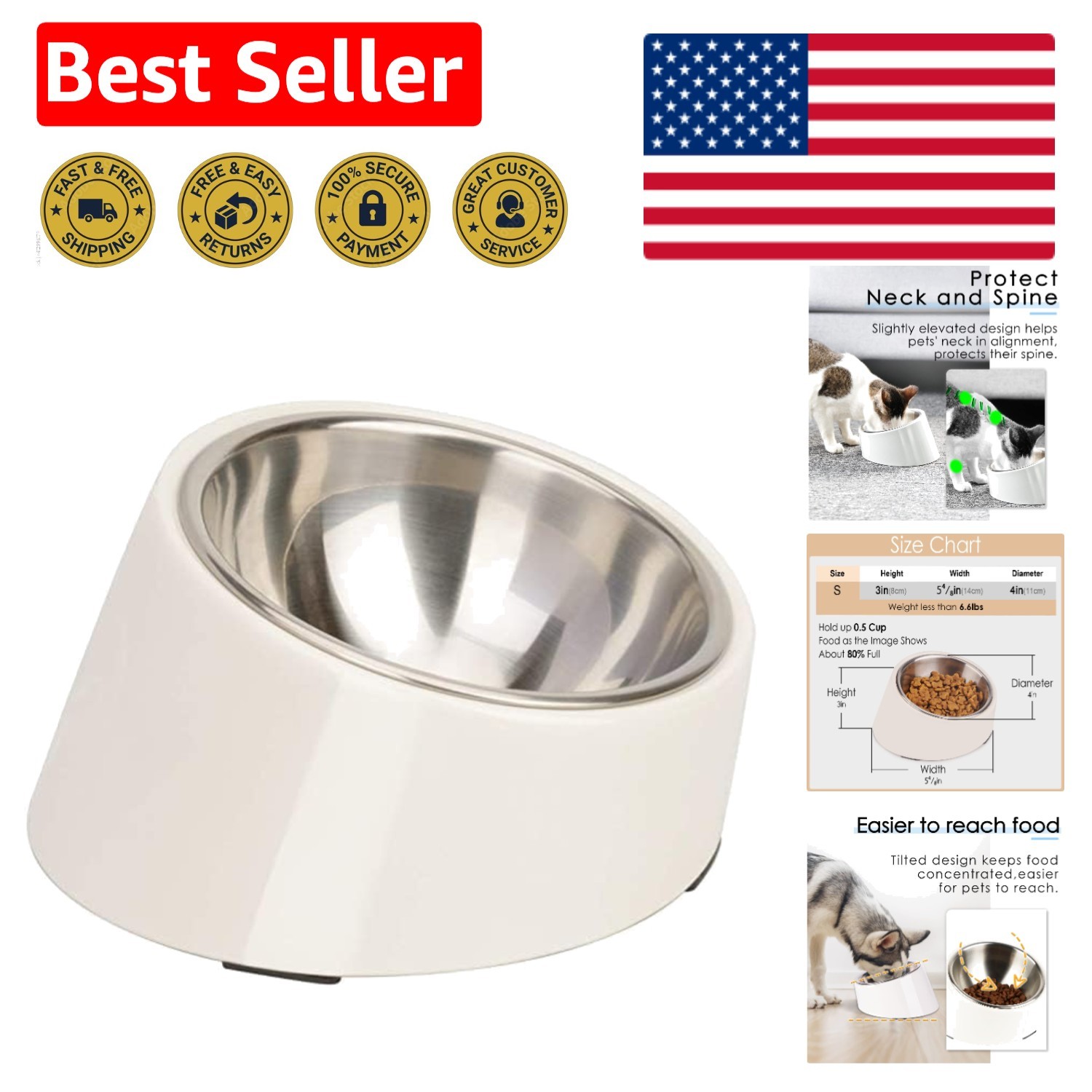 Heavy-Duty 15&deg; Tilted Bowl for Small Dogs & Cats - Prevents Mess & Indigestion
