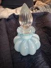 Fenton Blue Satin Glass Melon Vase with Ruffled Crimped Rim