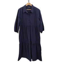 Quince Women 100% Organic Cotton Poplin Midi Tunic Dress Navy Basic Sleeved L