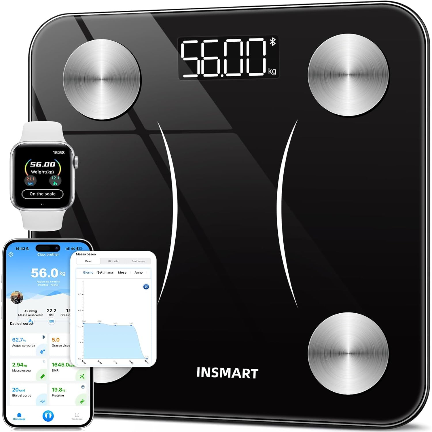 Bilancia Impedenziometrica Professionale 180kg - Bluetooth e App BMI