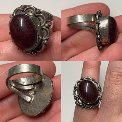 Unique Vintage Mix Silver Ring Deep Dark Red Cabochon Gemstone
