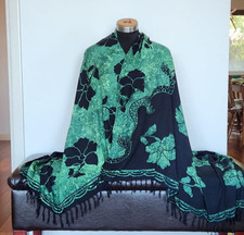 Black Green Floral Shawl / Large Scarf with Fringe / Flowy, Lightweight