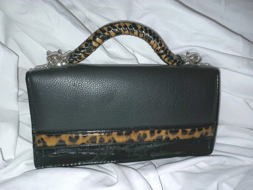 Brighton Convertible Crossbody Clutch Purse Black Embossed Silver cat Handle