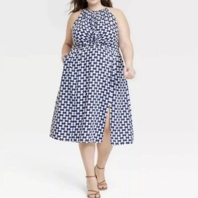NWT Ava & Viv Plus 2X Blue White Geometric Halter Midi Dress