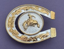 SALE  Vintage NOS Silver Plate  Gold Bucking Bronc Lucky Horseshoe Belt Buckle