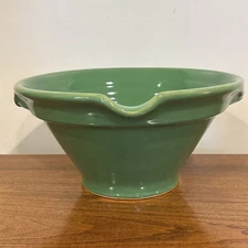 Yellow Ware Over and Back Ceramic Mixing Bowl Green  12" x 6" Large Spout Handle