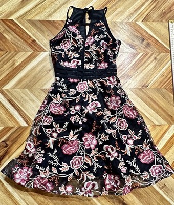 BCX Floral Embroidered Dress XS Halter Fit Flare Black Midi Lace Wedding Guest