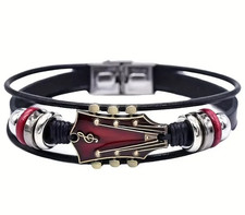 NEW 8" x 0.6" RED  BLACK Guitar Wristband Bracelet Faux Leather Band Zinc Alloy