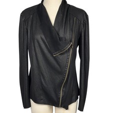 Mote Black Faux Leather Moto Jacket Small Asymmetrical Zip Draped Front Stretch