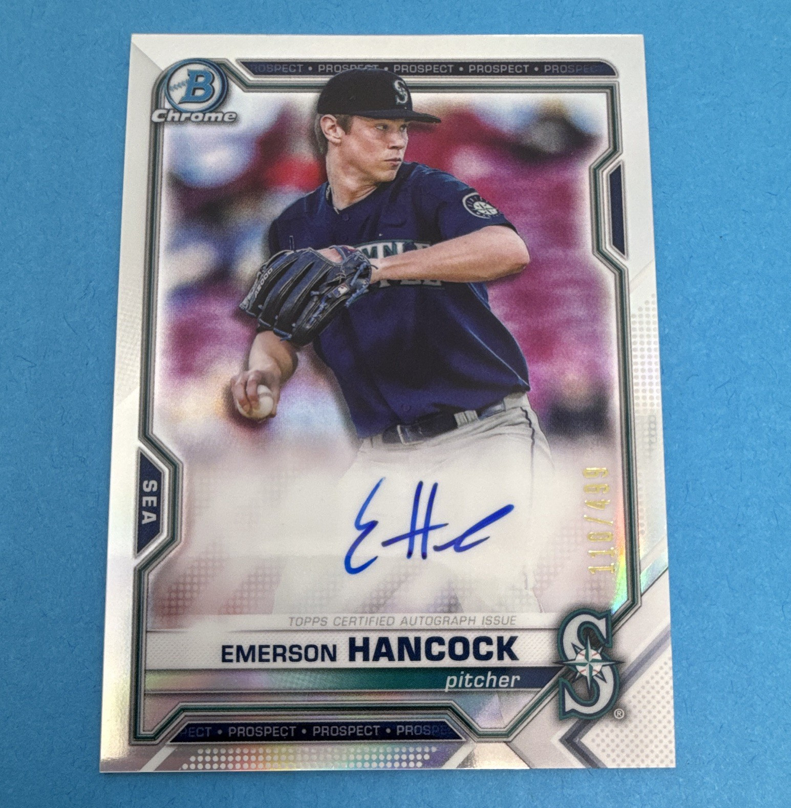Topps 2021 Bowman Chrome Emerson Hancock Mariners Auto Refractor /499 CPA-EHA