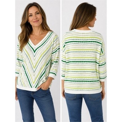 Jaclyn Smith 1X Cotton Blend Knit Sweater Green White Chevron V Neck Top