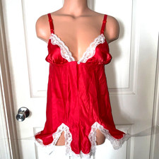 Lily Of France Vintage Teddie Romper Snap Gusset Red Satin White Lace USA Sz.36