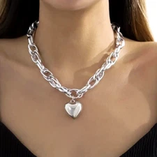 Fashion Silver Thick Chain Heart Shape Pendant Necklace Collarbone Chain Women