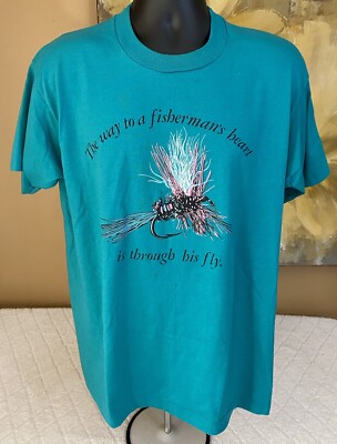 Vtg Screen Stars Best Fisherman s Fly Graphic Tee Single Stitch USA Made Sz XL