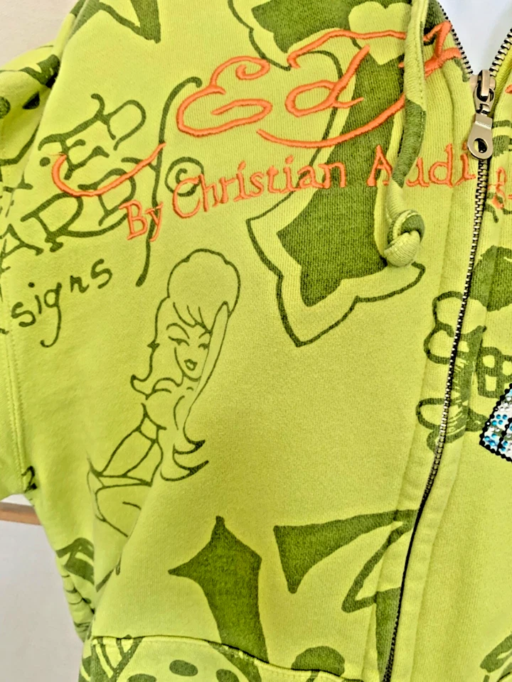 Sudadera con Capucha Don Ed Hardy Cremallera Completa Verde con Calavera Pistones Estrás Y2K Usada en Excelente Condición Muy Buena Excelente Condición Foto 3 de 4