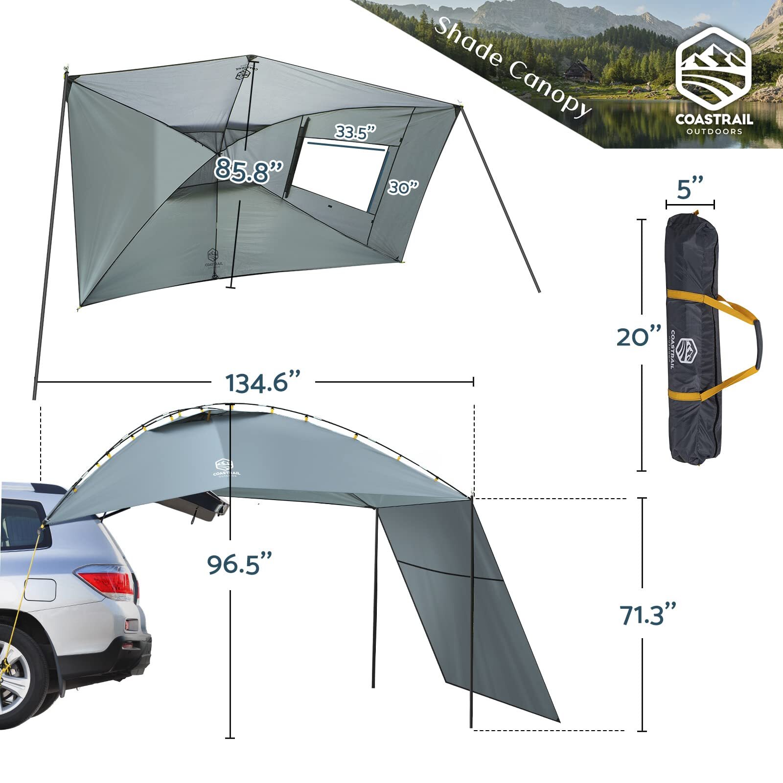 Coastrail Outdoor Car Canopy Sun Shade with SideWall, SUV Awning Car