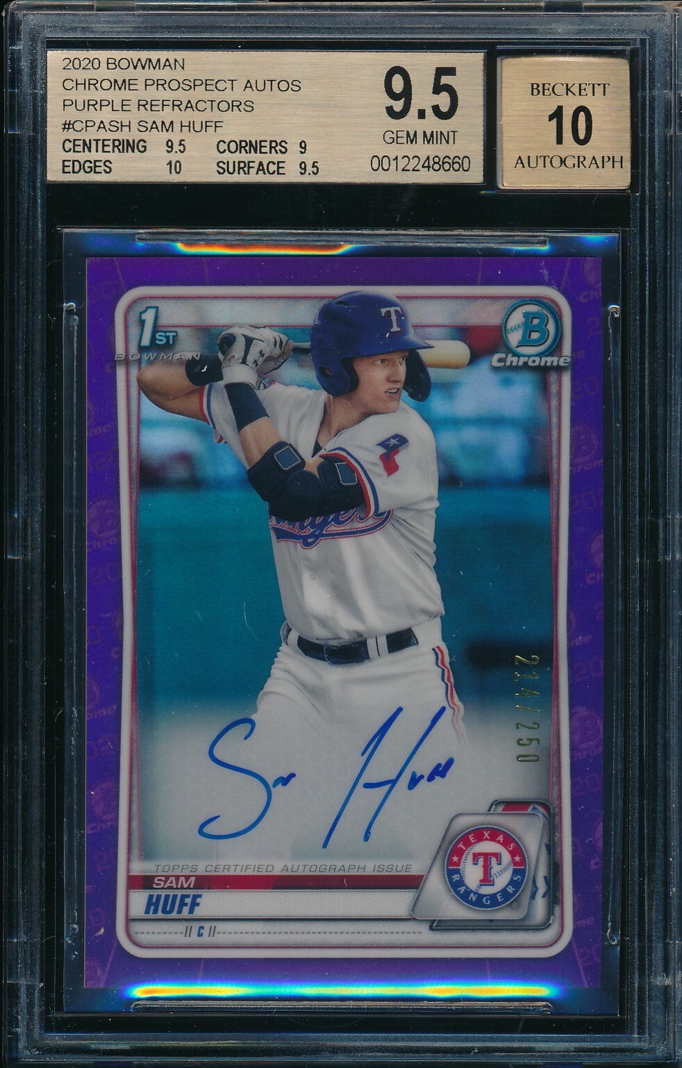 BGS 9.5/10 SAM HUFF AUTO 2020 Bowman Chrome PURPLE REFRACTOR #/250 RC GEM MINT