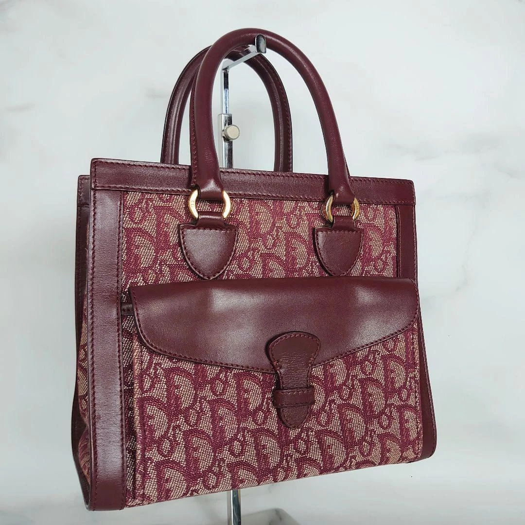Sac à main fourre tout Christian Dior trotteur bordeaux vin rouge toile cuir 20,5 cm