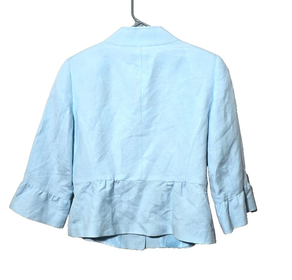 Tahari ASL Blazer 8P Blue Linen Blend Peplum Bell Sleeves Button Up Professional - Image 2 of 4