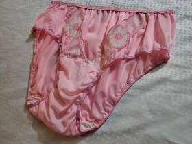 ​VTG Pink Nylon Tricot Panties SZ L XL Floral Lace Inset High Rise Granny Briefs