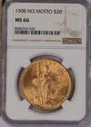 1908 Gold St. Gaudens Double Eagle No Motto $20 NGC MS66