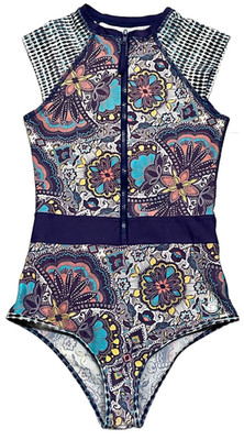 Body Glove XS womens swimsuit 1 piece purple mandala pattern 1/2 zip paddle suit
