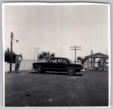 Vtg B&W Snapshot Man Beside Classic Car On Roadside 1950s