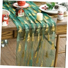 Christmas Tree Gauze Table Runner 120 Inch 10FT, Glitter 28" x 120" Green Gold
