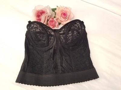 Vintage 1990's Sexy Sheer Black Lace Strapless Bustier Molded Cups Boning 38B