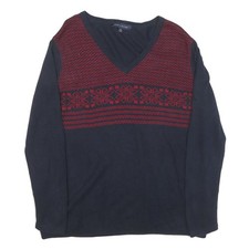 TOMMY HILFIGER Womens Blue  Red Patterned Jumper V-Neck Basic Knit XL Cotton