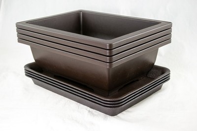 4 Set Rectangular Plastic Bonsai Training Pot + Tray  10''x 7.5''x 3'' - Dark Brown