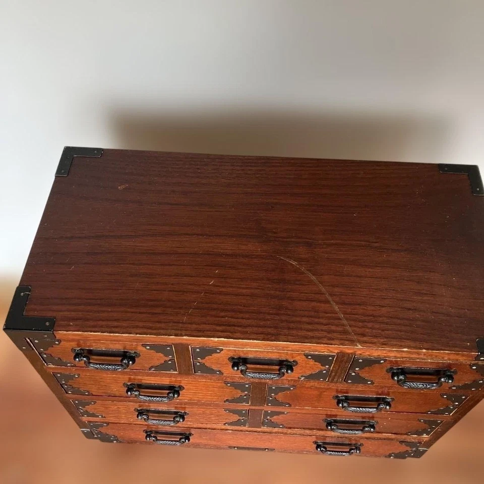 Cofre de armazenamento japonês antigo Tansu Dansu madeira feito à mão - Imagem 3 de 4