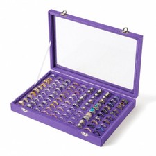 100 Slot Ring Organizer Tray Velvet Jewelry Holder Clear Lid Stud Display Box Pu