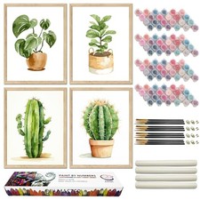 4 Pack Green Plants Paint by Numbers Kit for Adults Beginners, botany Art Deco