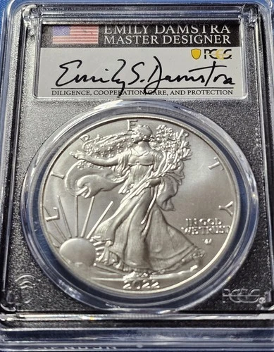 2022 American Silver Eagle PCGS MS70 First Day of Issue Emily Damstra Signed