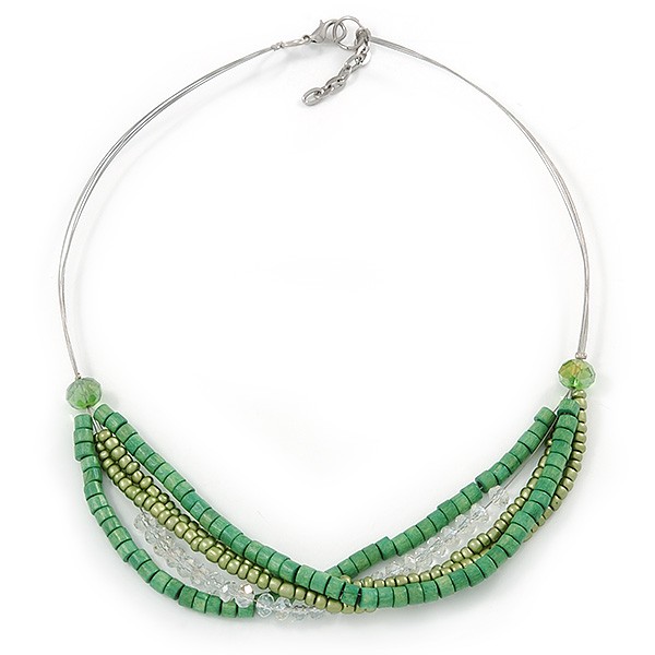 Glass and Wood Bead Multistrand Wire Necklace In Silver Tone - 48cm L/ 3cm Ext