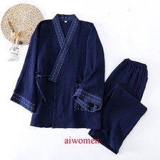 Men's Pajamas Set Cotton Sleepwear Japanese Yukata Kimono Bathrobe Robe Pants
