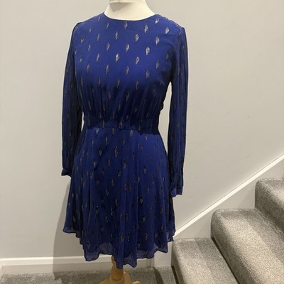 Hallhuber Royal Blue Silk & Metallic Leaf Print Dress UK 12 Knee Length Wedding