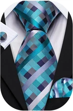 Barry.Wang Plaid Ties Check Mens Necktie Set with Handkerchief Cufflinks Teal 