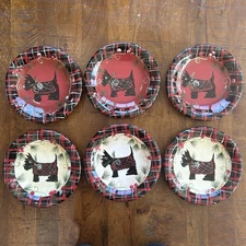 Patricia Brubaker 6 Scottie Dog Plates Christmas Plaid Certified Int 8.5" AKC