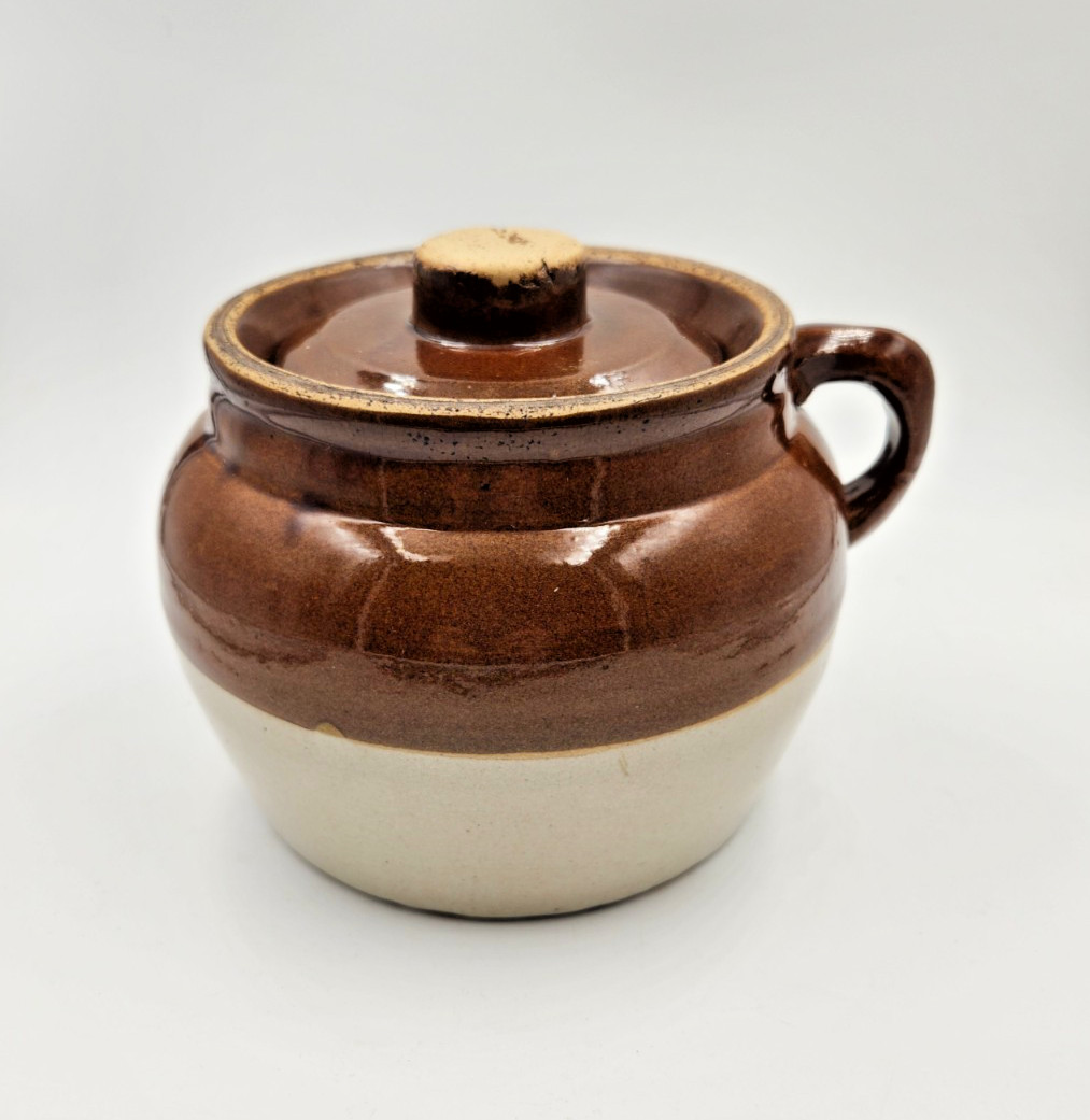 Vintage Bean Pot Brown Pottery Jug Rustic Stoneware Farmhouse Crock