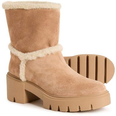 NWOB Stuart Weitzman Suede w/Shearling Trim Lennox Booties, Beige, Sz 8.5