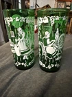 2 Vintage Anchor Hocking Forest Green Glass  & White Homestead Tumblers (A114)