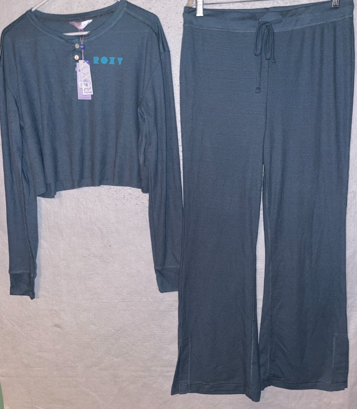 Roxy 2pc Top & Pants Lounge Pajama Set Womens XL Waffle Wide Leg Paradise NWT
